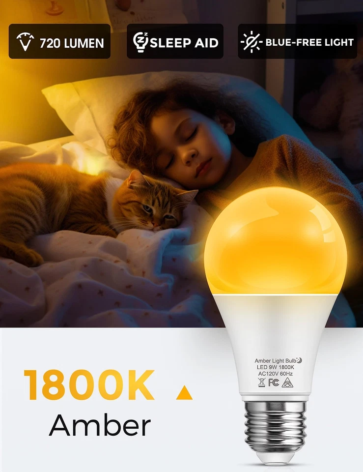 Sleep aid Amber Light Bulbs Blue Light Blocking A19 9W60 Watt Equivalent Dim ... - Image 2 of 4
