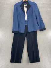 Perceptions Set Womens 12 Blue Striped Shell Blazer Straight Leg Pants Stretch
