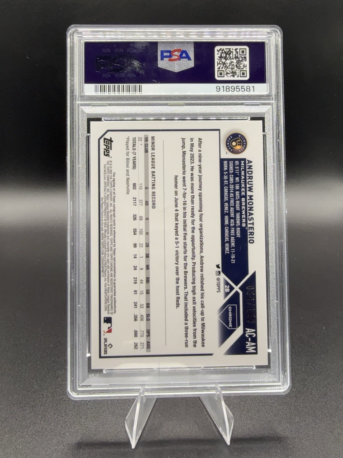 2023 Topps Chrome (RC) Andruw Monasterio Auto /150 Blue PSA 10 POP 2! view 2