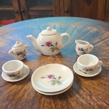 Mini Porcelain Floral Tea Set 7pc Glossy Teapot w/ Lid Creamer Sugar Bowl