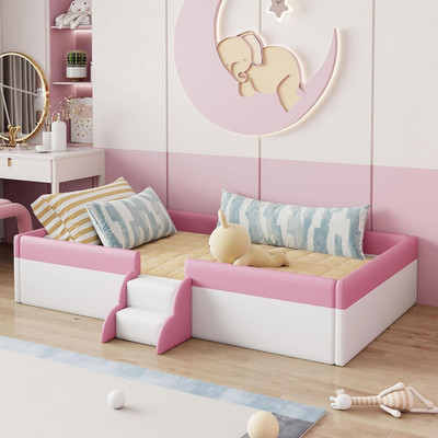 Full Size Upholstered Daybed Frame with Fence & Stairs, White/Pink