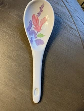 Melamine Ware Asian Soup Ramen Spoon 8" Made In Taiwan Floral Vintage