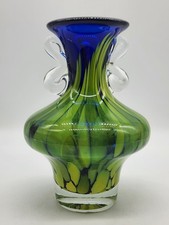 Art Glass Double Handled Cased Vase Blue Green & Yellow 8" Tall