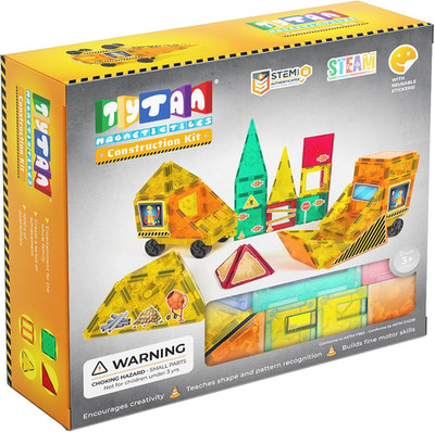 Tiles Construction Site & Trucks 60-Piece Magnetic Tiles Building Set, Fun Kids 