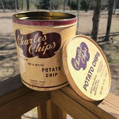 Vintage Charles Chips Round Metal 1lb Tin Can w/Lid Mountville PA