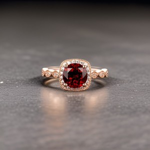 Authentic 925 Sterling Silver Garnet Halo Ring, Rose Gold Plated, Women's Statement Ring