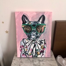 NWT Heather Perry Bulldog Hand-Embellished Giclee Canvas 12x16" Dog Pop Art Wood