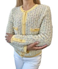 CHANEL Vintage 97P CC Mark Logo Tweed Cardigan 38 Sweater Yellow Nylon