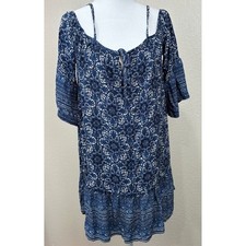 Blue Paisley Cold Shoulder Mini Dress Bell Sleeve Cottagecore Medallion Print M