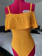 Mustard Yellow Polka Dot Off-Shoulder Ruffle Cami Bodysuit - Size 10