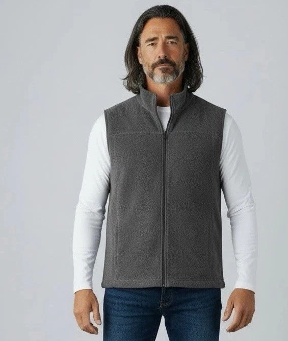 St. John’s Bay Men’s Gray Fleece Vest Full Zip Stand Collar Pockets Office XL