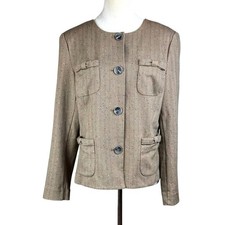 Cabi Womens L Tan Herringbone Pattern Button Up Shoulder Pad Blazer with Pockets
