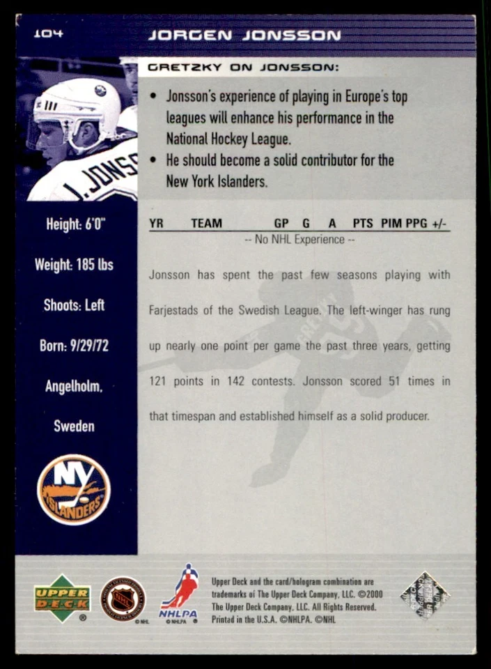 1999-00 Upper Deck Wayne Gretzky Jorgen Jonsson #104 - Image 2 of 2