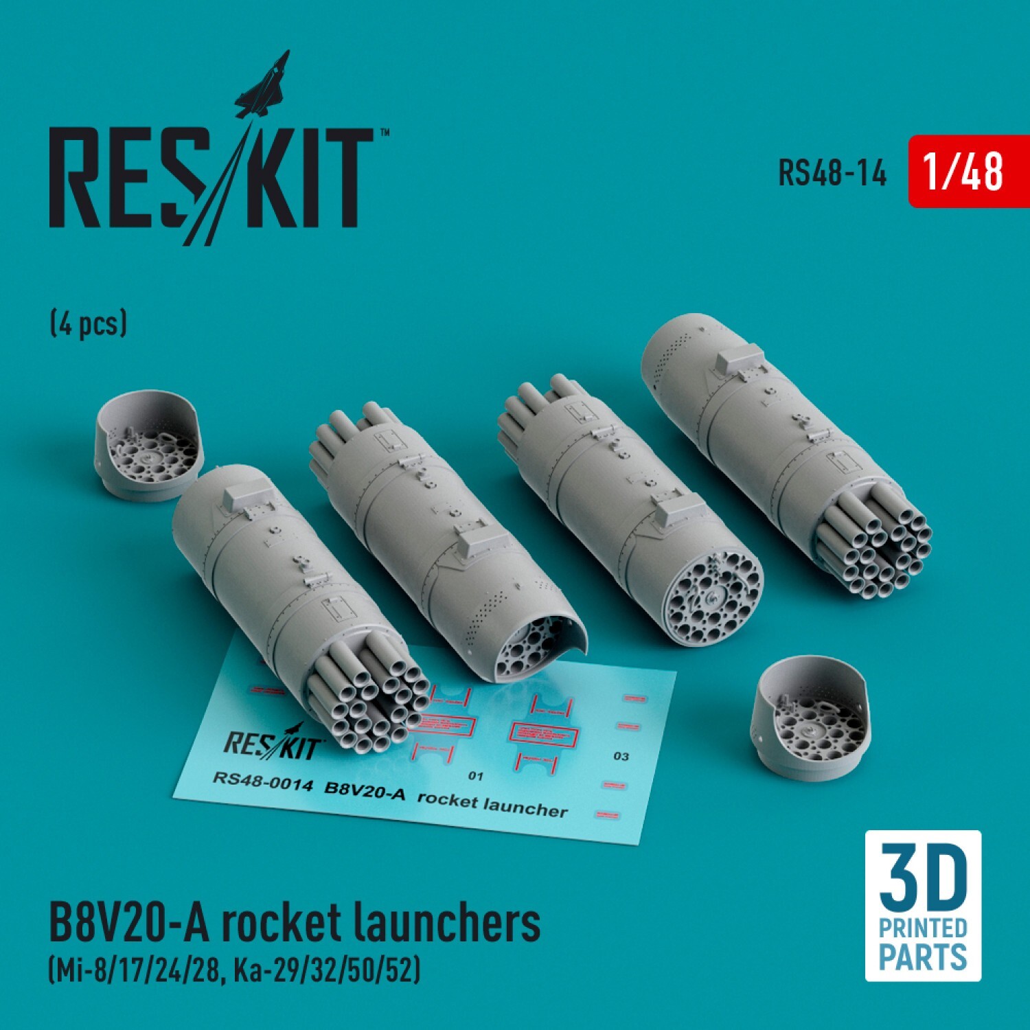 1:48 ResKit RS48-0014 B8V20-A Rocket Launchers Mi-8 Mi-24 4pc 3D Print