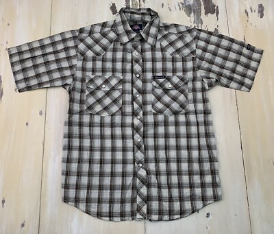 DICKIES - Beige Tan Khaki Plaid Short Sleeve Snap-up Western Shirt, Mens SMALL