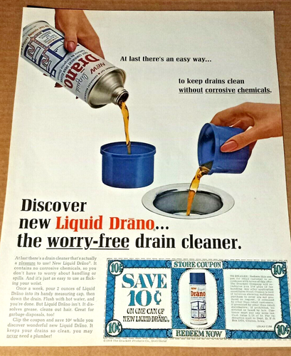 1966 advertising page - Liquid Drano drain cleaner Drackett old coupon ...
