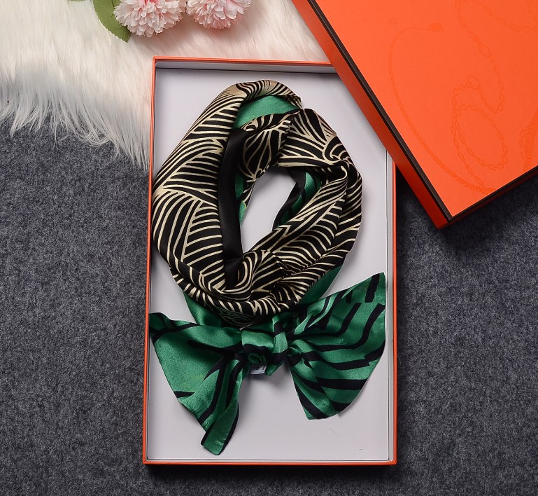 Boutique 100% Silk 12 Momme Blue Grid Print Scarf Double Layer Ribbon 150x15cm