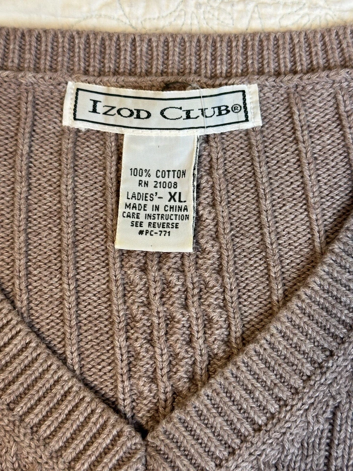 Suéter vintage IZOD CLUB para mujer gris rubor tejido con cable cuello en V 100 % algodón talla XL Foto 3 de 4