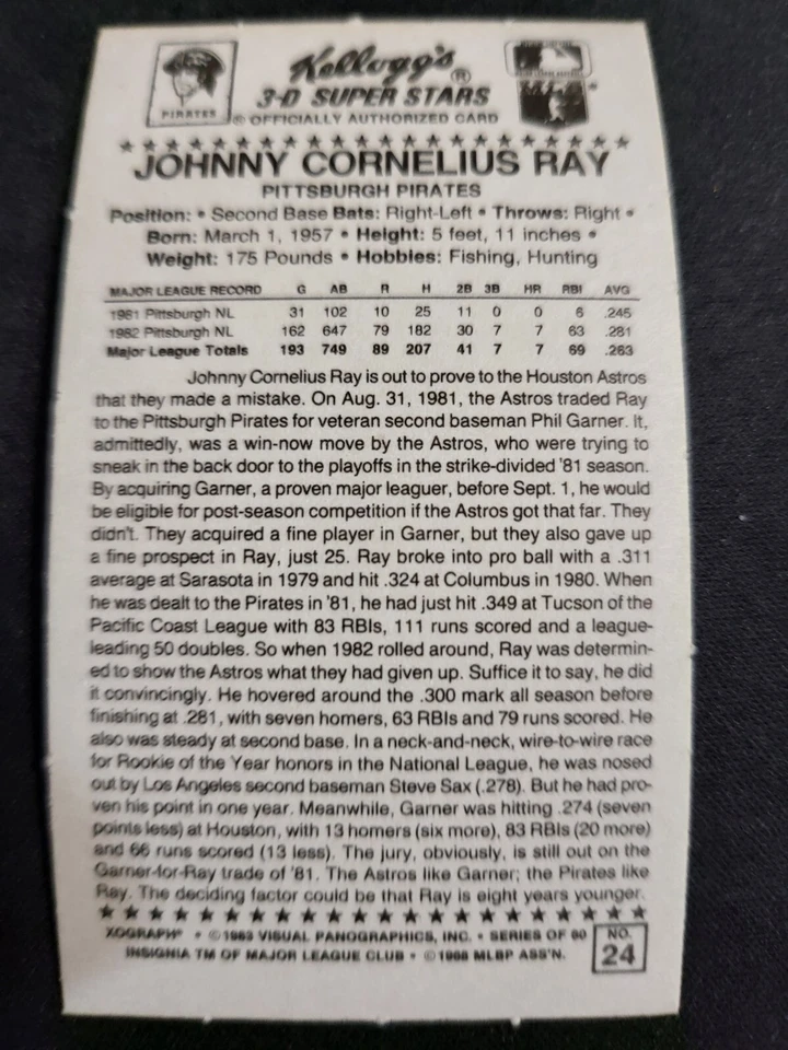 1983 Kellogg' 3-D Super Stars #24 Johnny Ray Pirates - Image 2 of 2