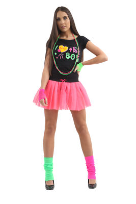 New Girls Ladies I Love The 80s Set Black T-shirt Pink Tutu Skirt
