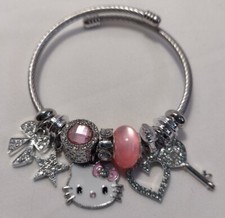 Kitty Cat Bangle Bracelet NEW Adjustable Silver Tone Pink Beads Rhinestones