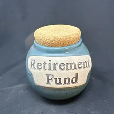 Retirement Fund Tumbleweed Stoneware Pottery 5” Ceramic Jar w Cork Lid ~ Blue