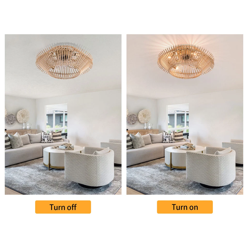 18" Bamboo Caged Ceiling Fan Light Low Profile 6 Speeds Chandelier with Remote - Image 3 of 4