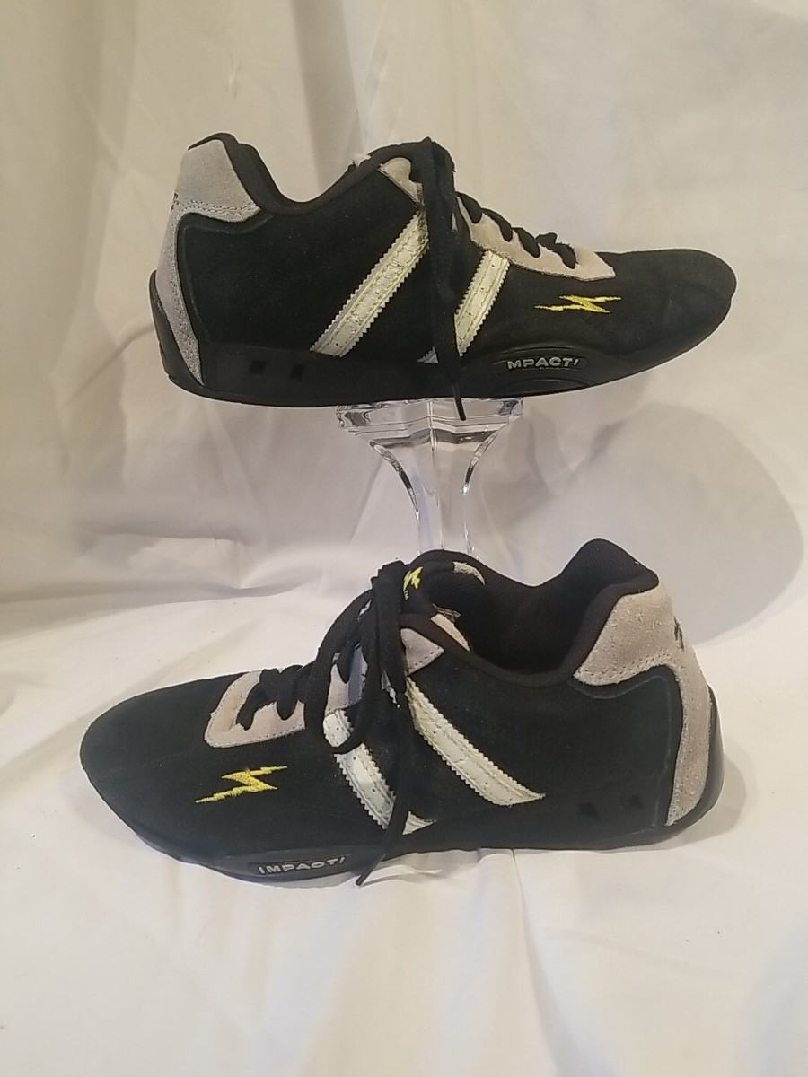Size 7M Impact Racing Suede Shoes Black Yellow/White Side Stripe
