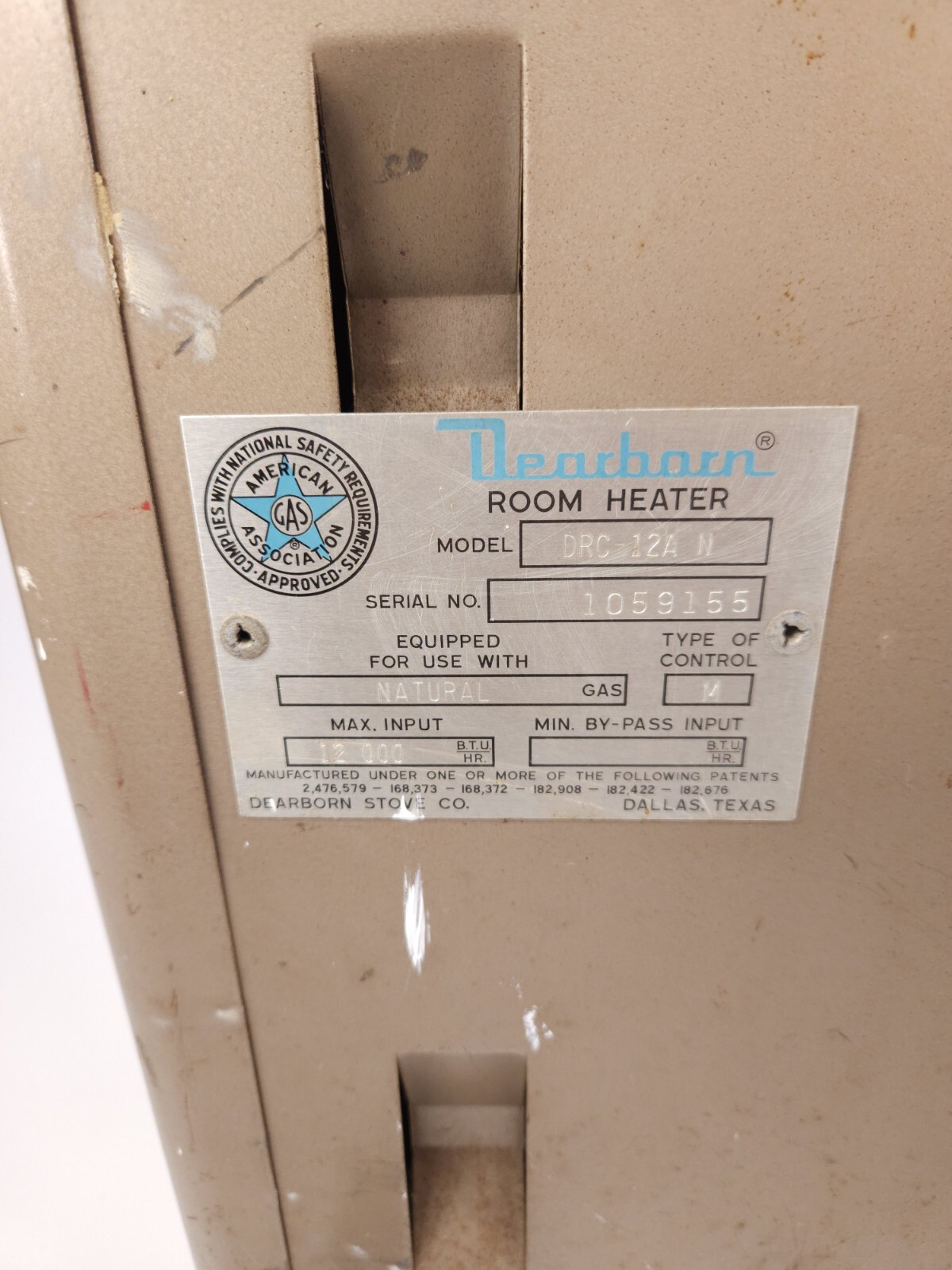 Vtg Dearborn Natural Gas 12,000 BTU Room Heater Ceramic Inserts Model DRC12A N eBay