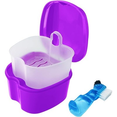 Waterproof Denture Bath Case with Cleaning Brush Purple Soaking Cup Holder for
