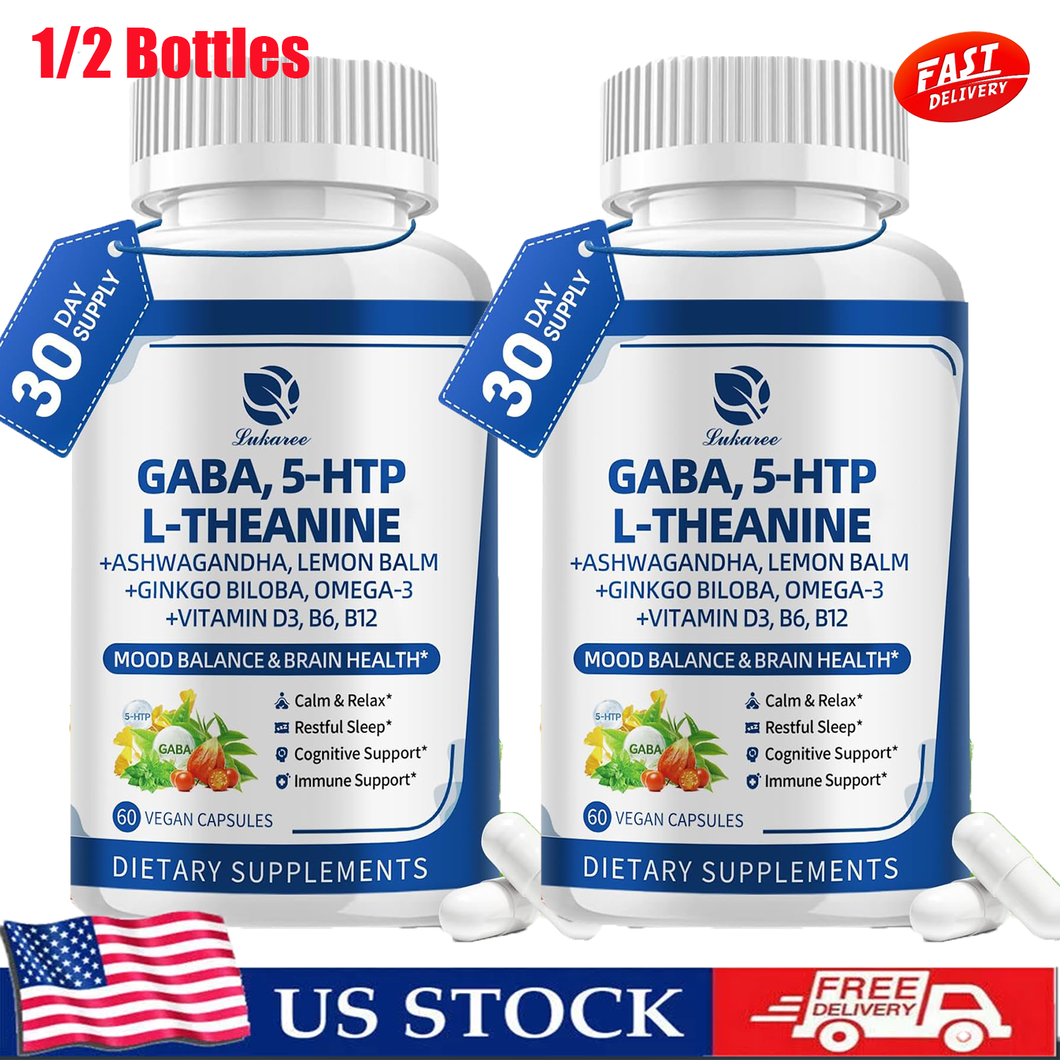 750mg GABA Supplement with L-Theanine & 5HTP for Stress Relief and Sleep Support