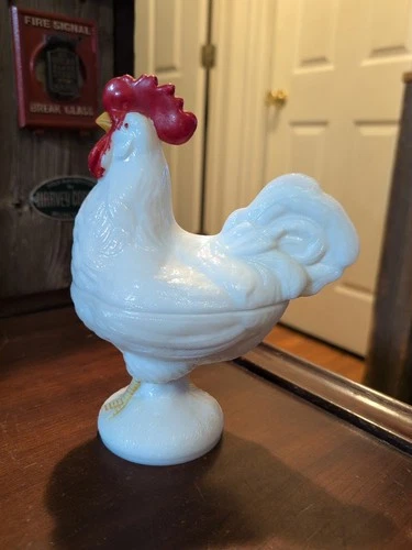 Vintage WESTMORELAND Milk Glass ROOSTER Covered Candy Dish MCM 8.5" Tall
