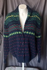 Vintage Lands’ End Wool Cardigan Knit Sweater Sz M Cowl Made in USA Hearts
