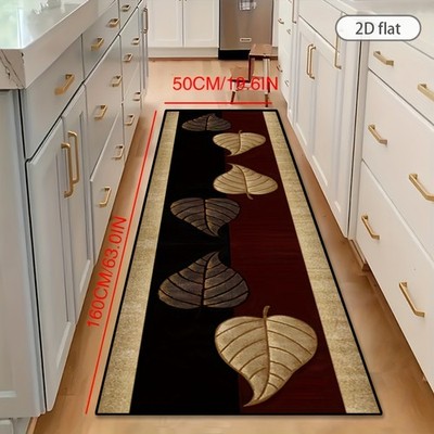 2D Flat 1pc of [Golden Velvet], Stylish Leaf Design Long Carpet for Coffee Sho