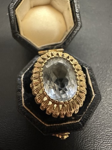 Vintage Large Natural Swiss Blue Topaz Ring 18K Yellow Gold Size 6 - Picture 3 of 10