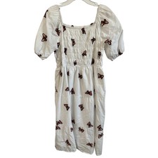 Kindred Dress Large Boho White Embroidered Butterfly Smocked Puff Sleeve Tiered