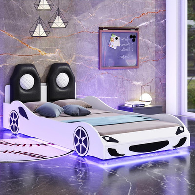 Twin Platform Bed with LED, Upholstered Backrest & Guardrail, White