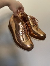 Metallic Rose Gold Oxford Wedge Comfort Lace-Up Platform Shoes for Women