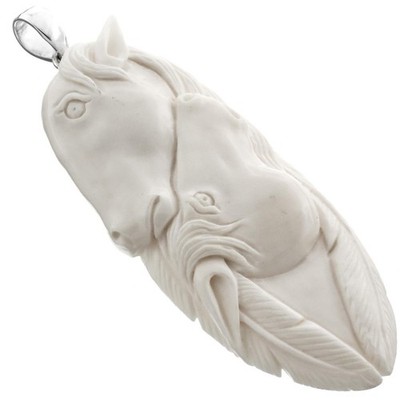 925 Silber handgeschnitzt Feder Pferd Bison Knochen Sterling Anhänger, 3 3/8''