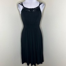 Loft Ann Taylor Dress Small Black Crochet Gathered Smocked Jersey Knit Mini Chic