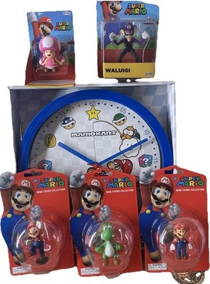 Lot Of 6 Super Mario Nintendo Mini Figures And a Mariokart Wall Clock New