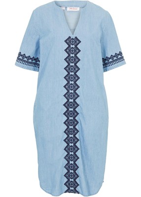 Neu Jeans Tunika-Kleid mit Stickerei Gr. 42 Hellblau Denim Damen Baumwollkleid