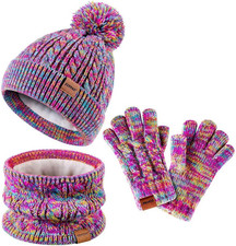 Kids Winter Hat Gloves Scarf Set,Girls Toddler Children Hats Beanie with Pom Kni