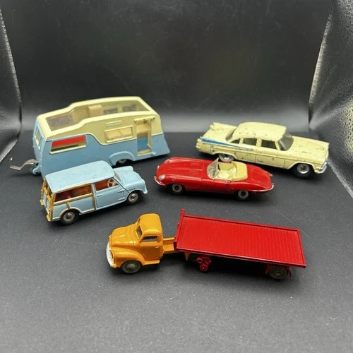 Vtg Diecast Dinky Toy Lot Of 5 - 3 Cars , Trailer & Truck 1940s-1950s
