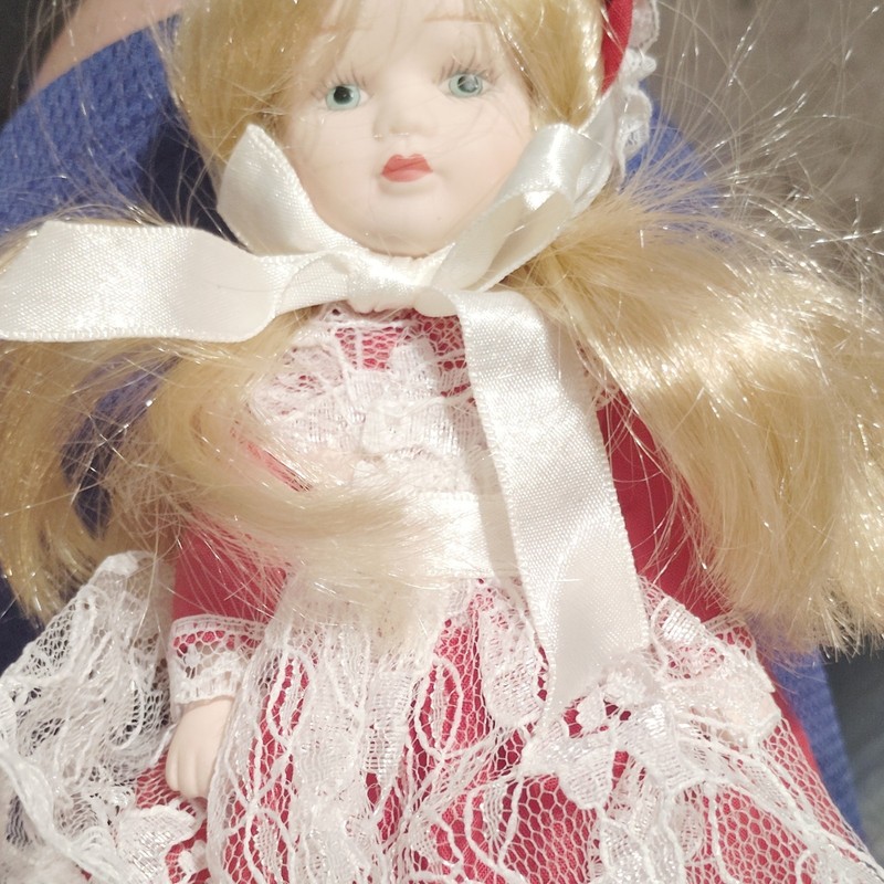 Porcelain Girl Doll Blonde Straight Hair Green Eyes Red Dress Lace Bonnet