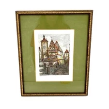 Vintage Rothenburg Germany Hand Tinted Etching Print Signed
