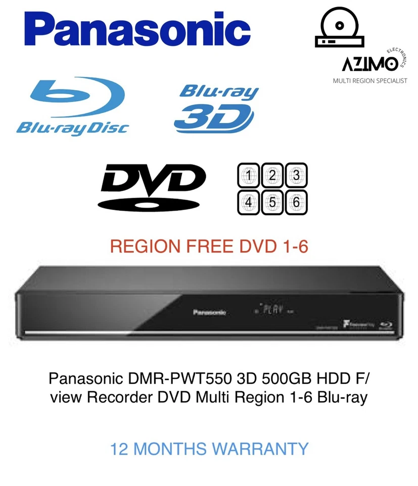 Panasonic DMR-PWT550 4K 3D WiFi 500GB HDD Recorder DVD Multi Region 1-6 Blu-ray