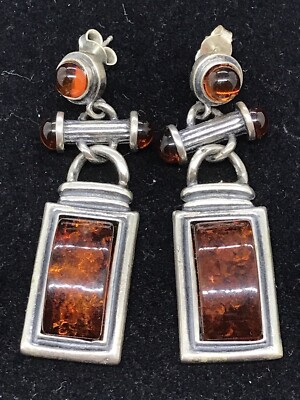 Vintage Sterling Silver 925  Amber Stones Pierced  Earrings   Makers Marked JS