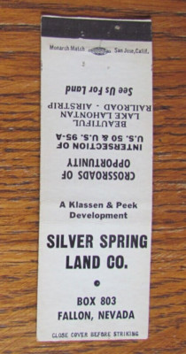 FALLON, NEVADA MATCHBOOK COVER: SILVER SPRING LAND CO. EMPTY 1950s MATCHCOVER -A