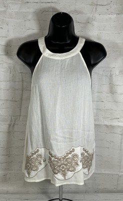 NWT Blu Pepper Sleeveless Ivory/Brown Embroidered Blouse Flowy Boho Chic